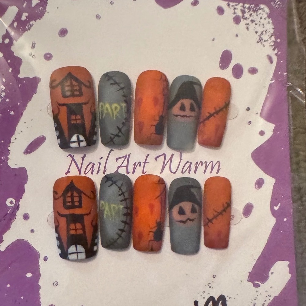 Halloween Press On Nails Fall Autumn Spooky Nail‎ Art Warm False Nails